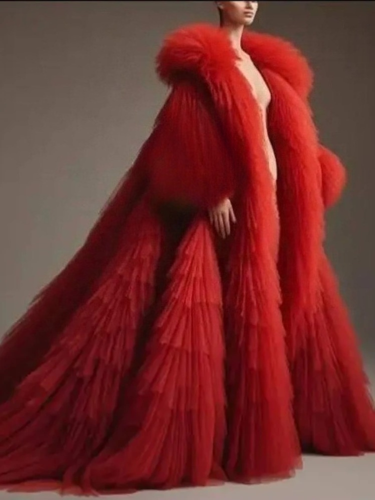 Women'S Red Formal Wear - 레드 플러피 플리츠 러플 긴소매 망토