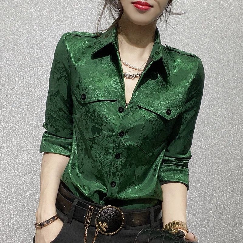 Women'S Green Formal Wear - 여성용 긴팔 셔츠 블라우스, 사무실 의상
