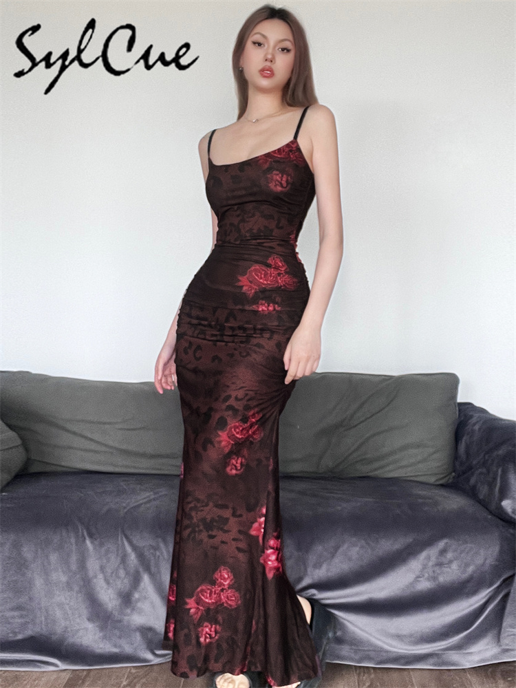 Women'S Red Formal Wear - 실큐 레드 프린트 디자인 여름 파티