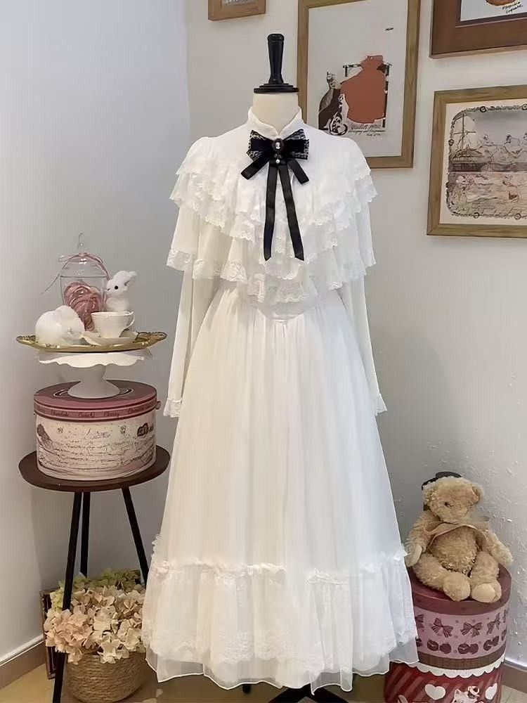 Woman Formal Wear - 일본식 반소매 리본 레이스 드레스 화이트