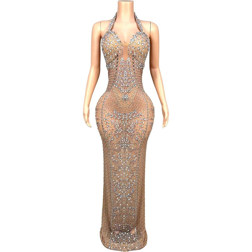 Women'S Red Formal Wear - 럭셔리 크리스탈 스파클리 메쉬 이브닝 가운