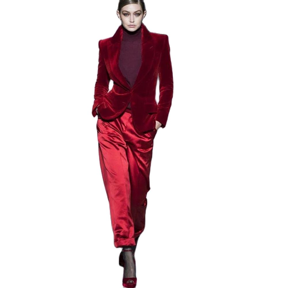 Women'S Formal Wear Wedding - 여성 바지 정장 와인 레드 벨벳