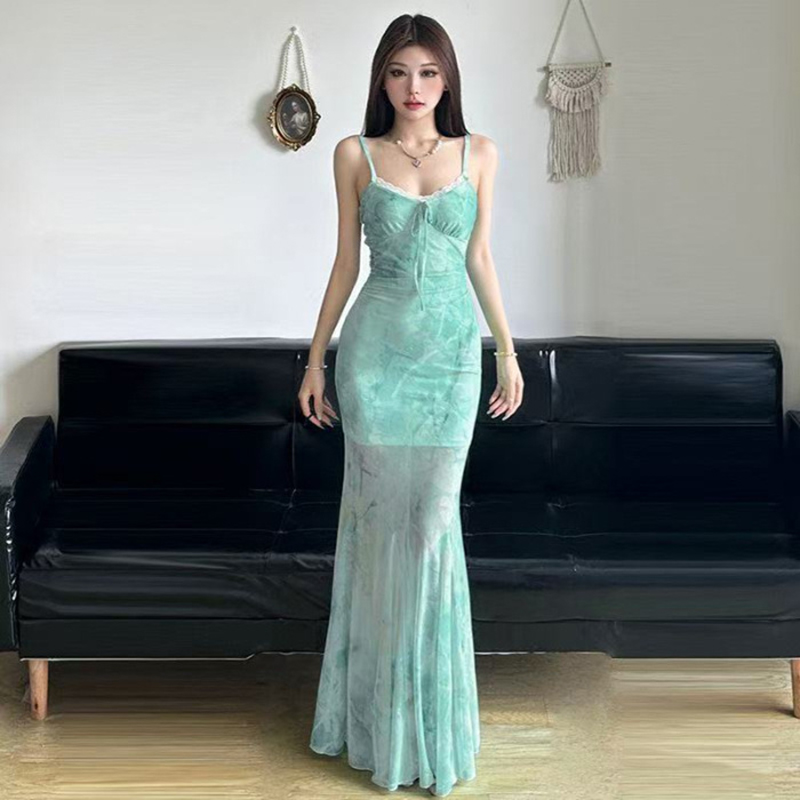 Women'S Green Formal Wear - 여름 해변 롱 드레스 여성 레이스