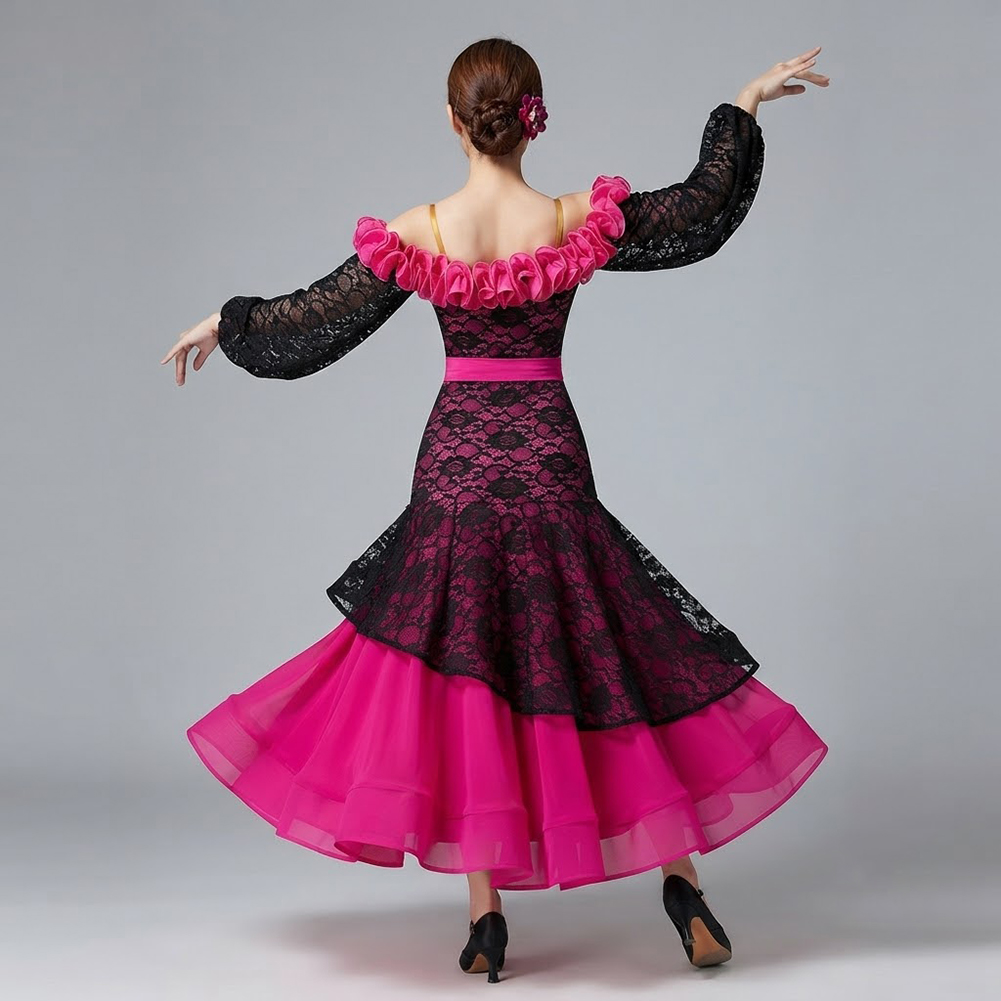 여성용 로즈 레드 볼룸 댄스 콘트라스트 레이스 랜턴 긴 - Women'S Red Formal Wear 리뷰 및 가격
