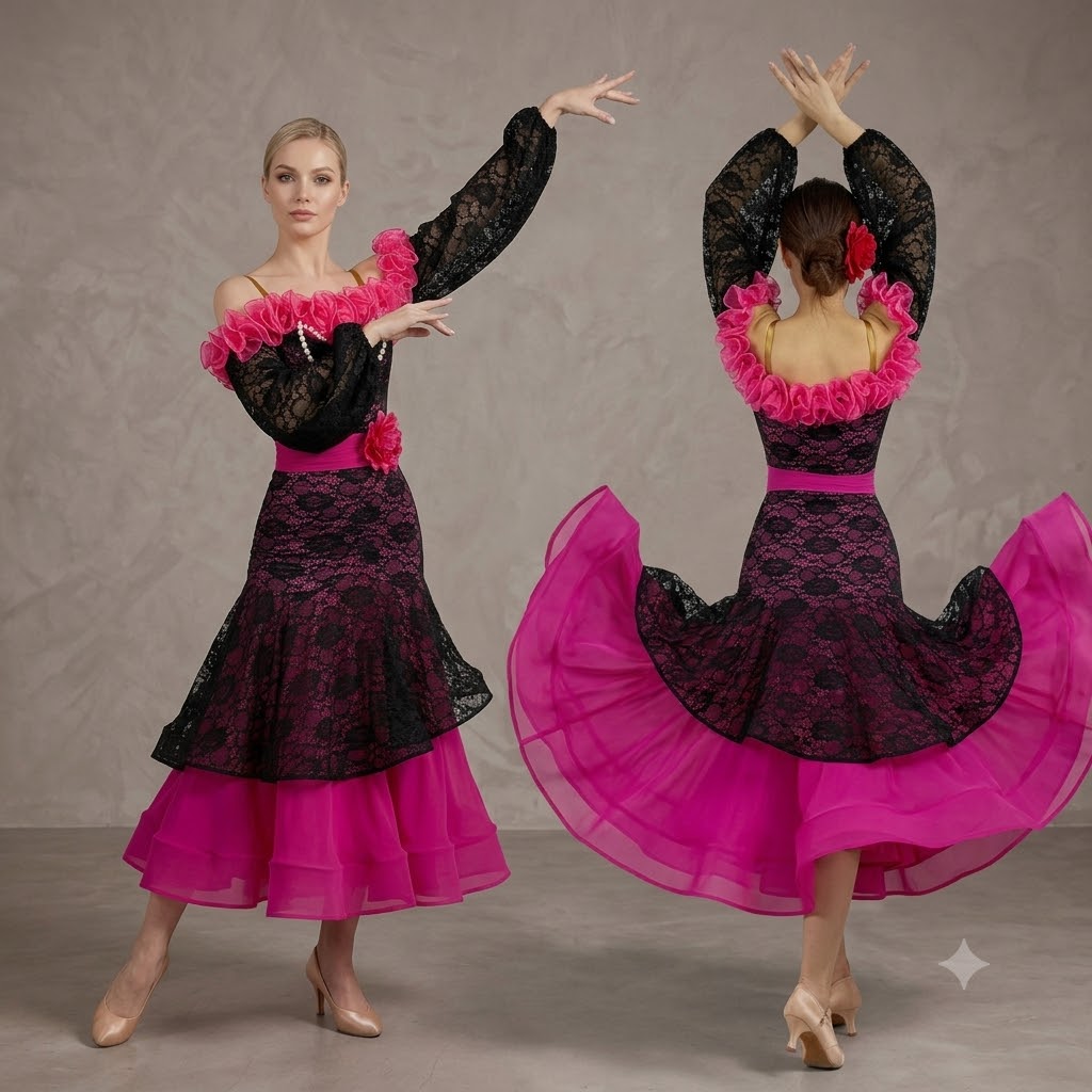 여성용 로즈 레드 볼룸 댄스 콘트라스트 레이스 랜턴 긴 - Women'S Red Formal Wear 리뷰 및 가격